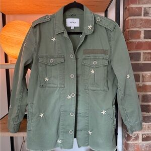 Embroidered Olive Green Utility Jacket with Flowers- Women